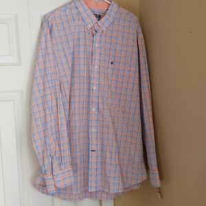 Izod premium essentials dress shirt peach and blue plaid XXL